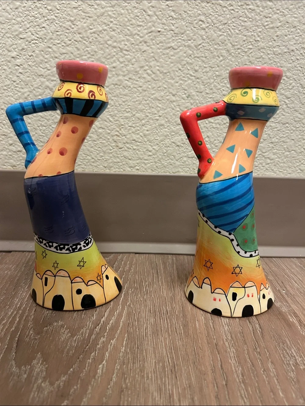 Colorful Shabbat Ceramic Candle Holders - Set of 2